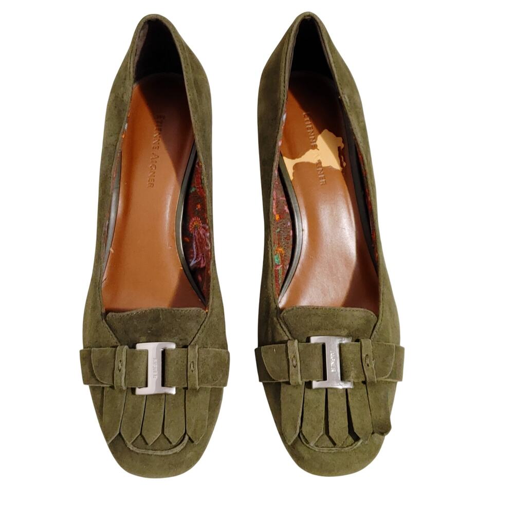 Etienne Aigner Madge Loafer Pumps Block Heel Faux Suede Green Womens Size US 8.5